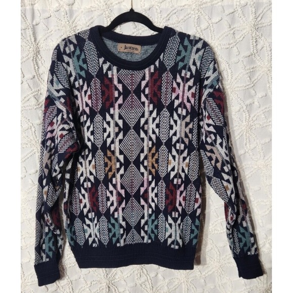 Vintage Jantzen Men's Grandpa Sweater Size Medium‎ Blue Knit Geometric Retro - Picture 1 of 8